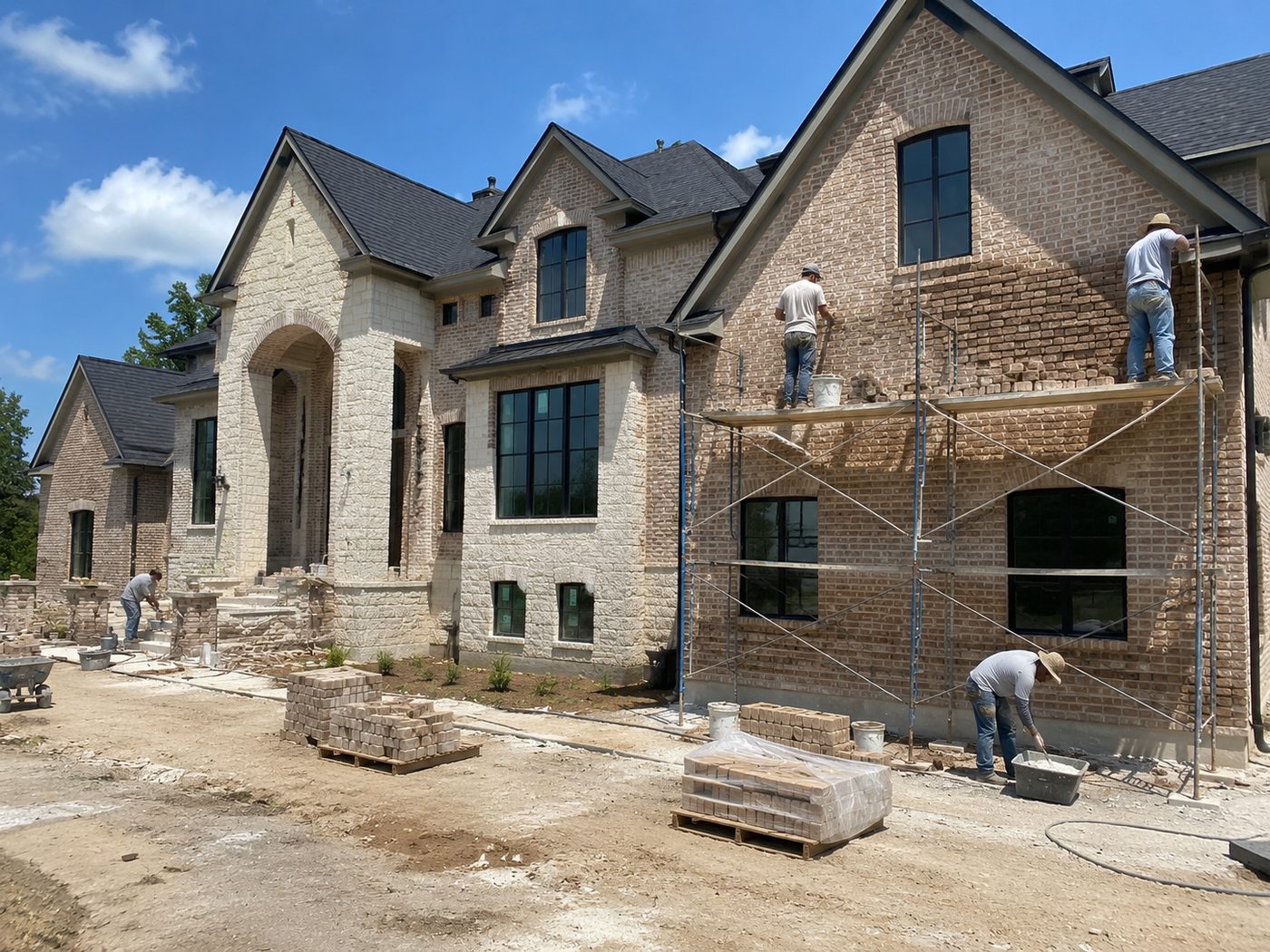 Stucco by Design crew finishing a home exterior