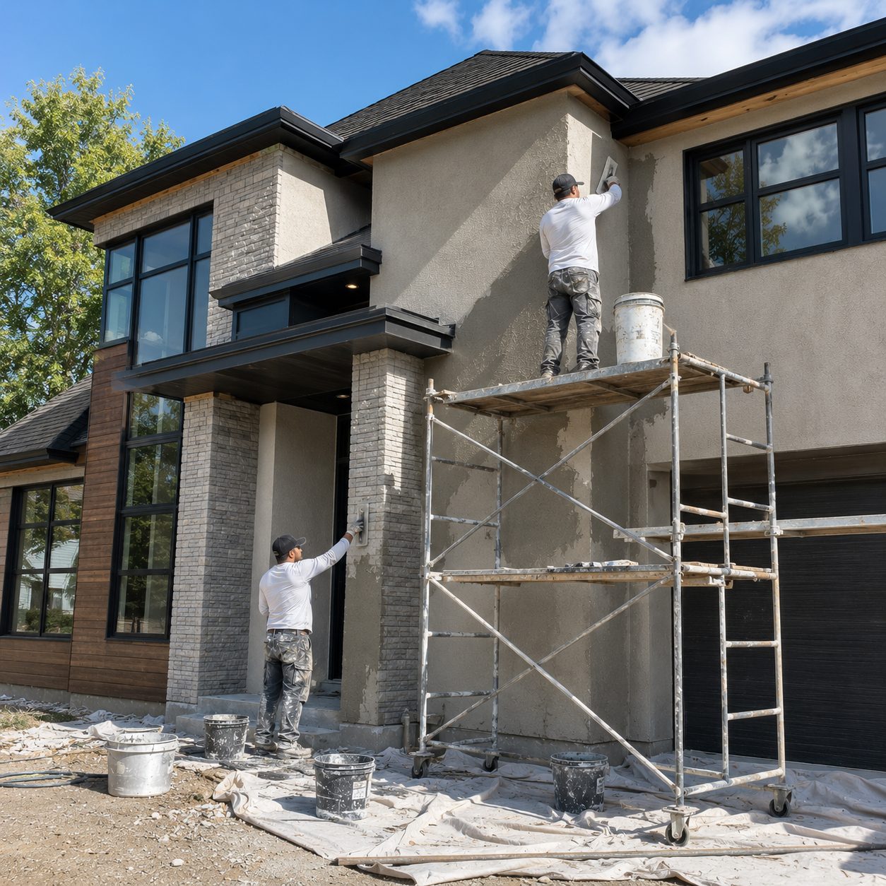 Stucco crew troweling a fresh coat on a home exterior
