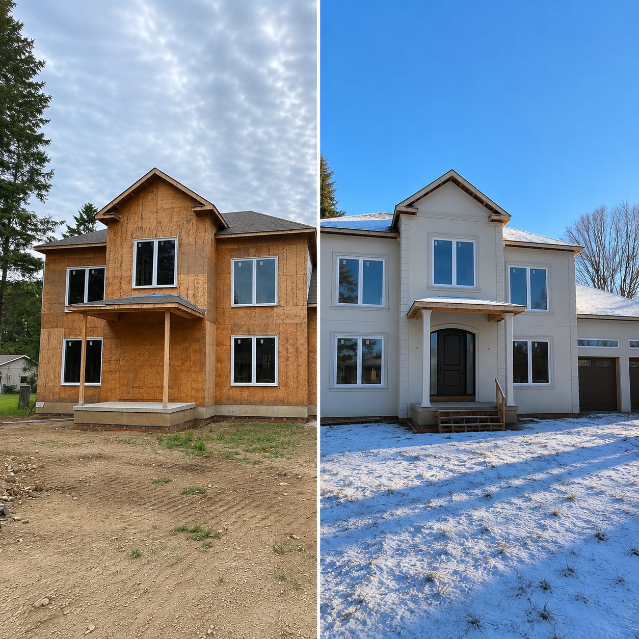 A home before and after a fresh stucco exterior finish